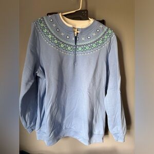 Women’s large light blue sweatshirt with neck detail and zipper.